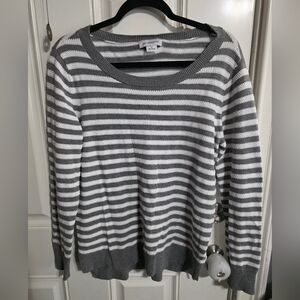 Liz Claiborne Gray and White Striped Crew Neck Sweater 100% Cotton Size Large